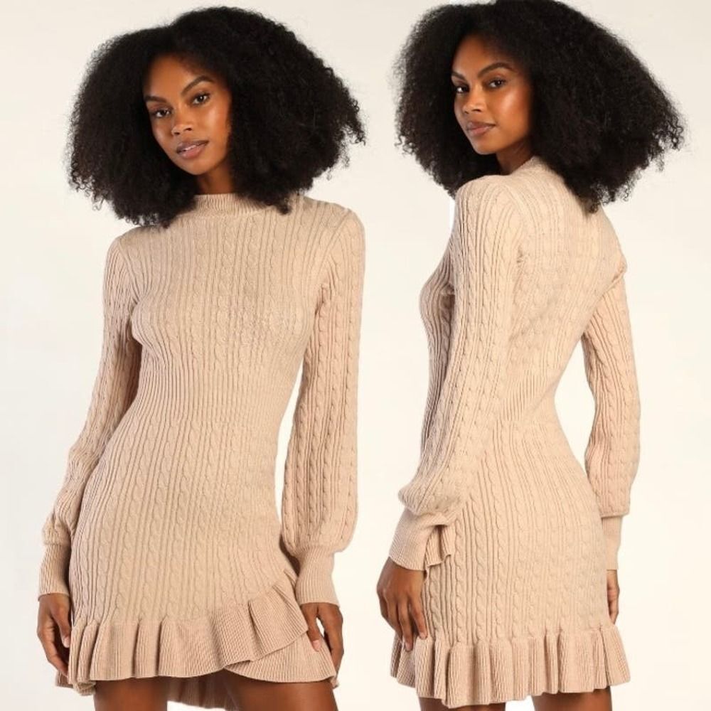 NWT Lulus Fall Cutie Beige Cable Knit Mock Neck Ruffled Mini Sweater Dress L